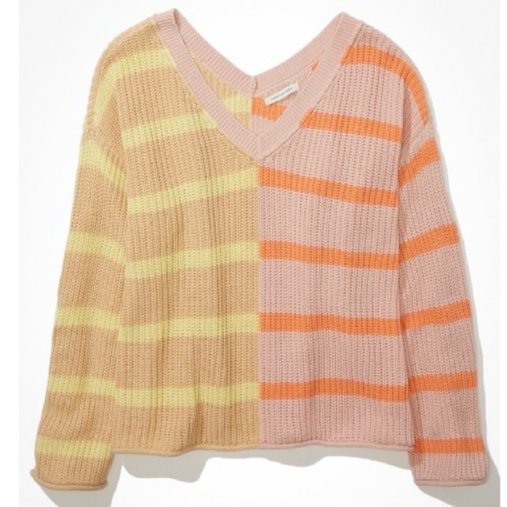 American Eagle Slouchy V-Neck Split Striped Sweater - XXL